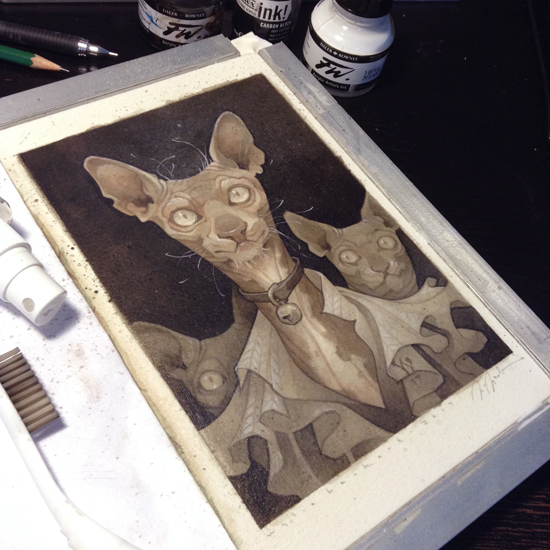 Wylie Beckert's traditional painting art process: white charcoal pencil over ink and watercolor on watercolor paper.