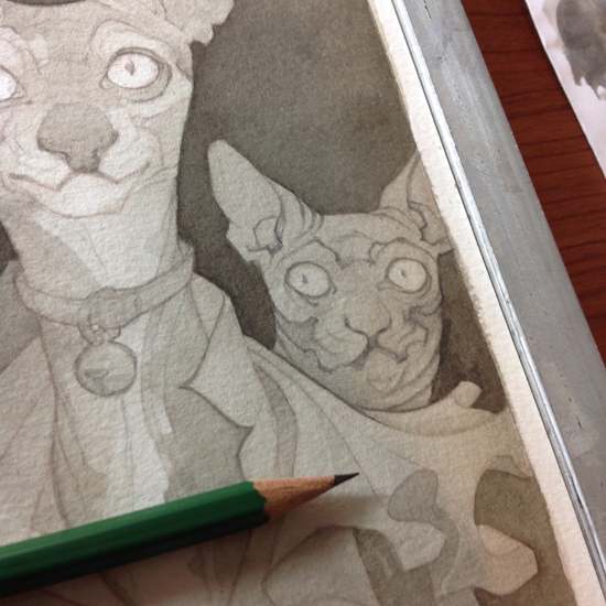Wylie Beckert's traditional painting art process: pencil sketch on watercolor paper.
