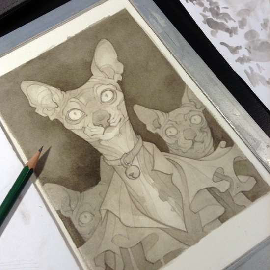 Wylie Beckert's traditional painting art process: pencil sketch on watercolor paper.