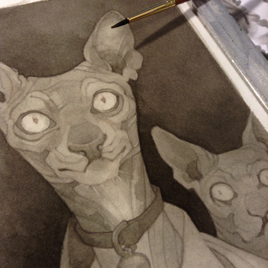 Wylie Beckert's traditional painting art process: ink wash on watercolor paper.