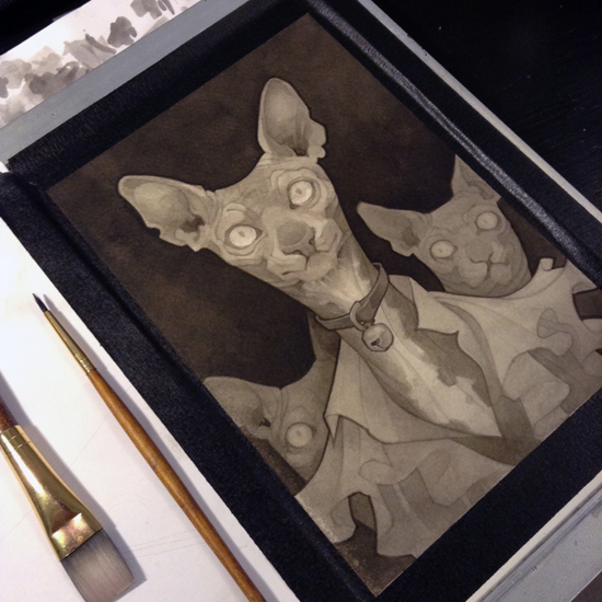 Wylie Beckert's traditional painting art process: ink wash on watercolor paper.