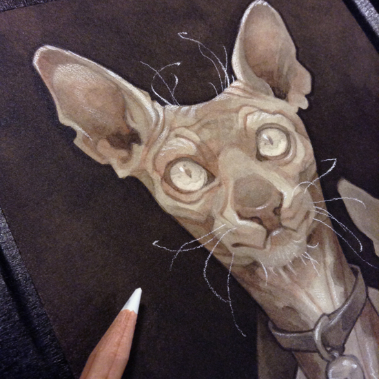 Wylie Beckert's traditional painting art process: white charcoal pencil over ink and watercolor on watercolor paper.