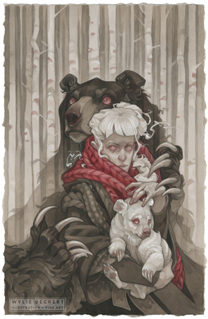 The Bearwife - ink and watercolor painting by Wylie Beckert of a young woman with white hair holding an albino bear cub. art by Wylie Beckert.