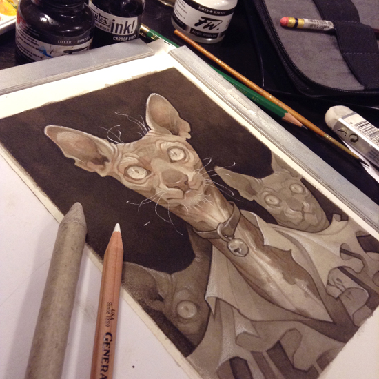 Wylie Beckert's traditional painting art process: white charcoal pencil over ink and watercolor on watercolor paper.