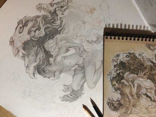 tam lin pencil drawing in progress