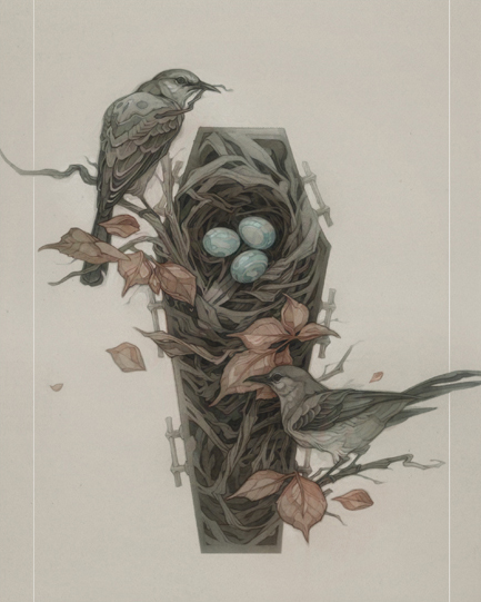 Out of the Cradle, Endlessly Rocking. Pencil and ink painting of two mockingbirds build a nest in a coffin. Art by Wylie Beckert