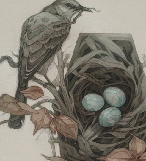 Out of the Cradle, Endlessly Rocking. Pencil and ink painting of two mockingbirds build a nest in a coffin. Art by Wylie Beckert