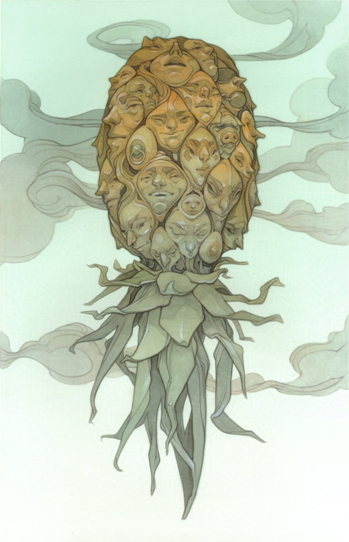 The Neighbors. A psychedelic upside down swingers pineapple made up of many leering faces. Art by Wylie Beckert