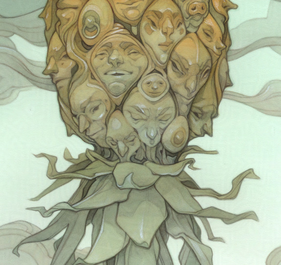 The Neighbors. A psychedelic upside down swingers pineapple made up of many leering faces. Art by Wylie Beckert