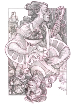 Queen of Hearts pencil drawing, Wicked Kingdom Illustrated Playing cards. playing card deck art by Wylie Beckert - © Wylie Beckert